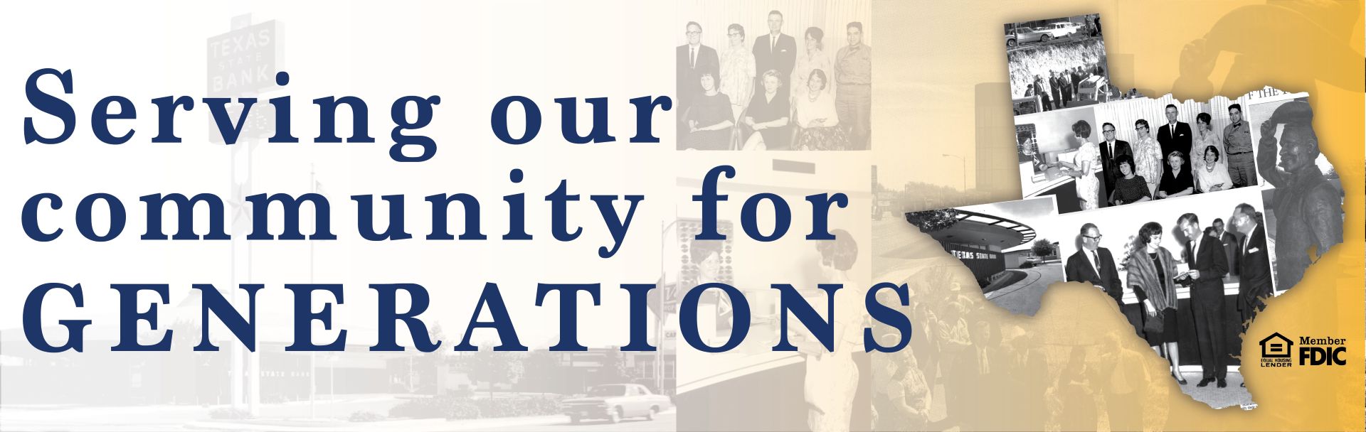 Banner reading 'Serving our community for Generations' over a collage of vintage photos and a FDIC logo.